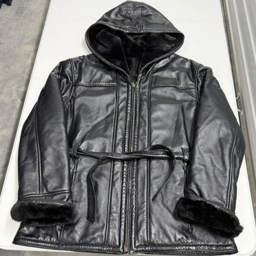 Black Leather Hooded leather Coat Faux Fur Lined Belted Jacket Mens Large